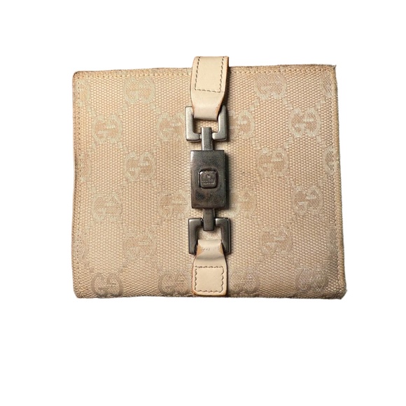 Gucci Wallet Womens Cream Jackie 1961 Monogram Piston Closure Luxury Vintage - Picture 1 of 13
